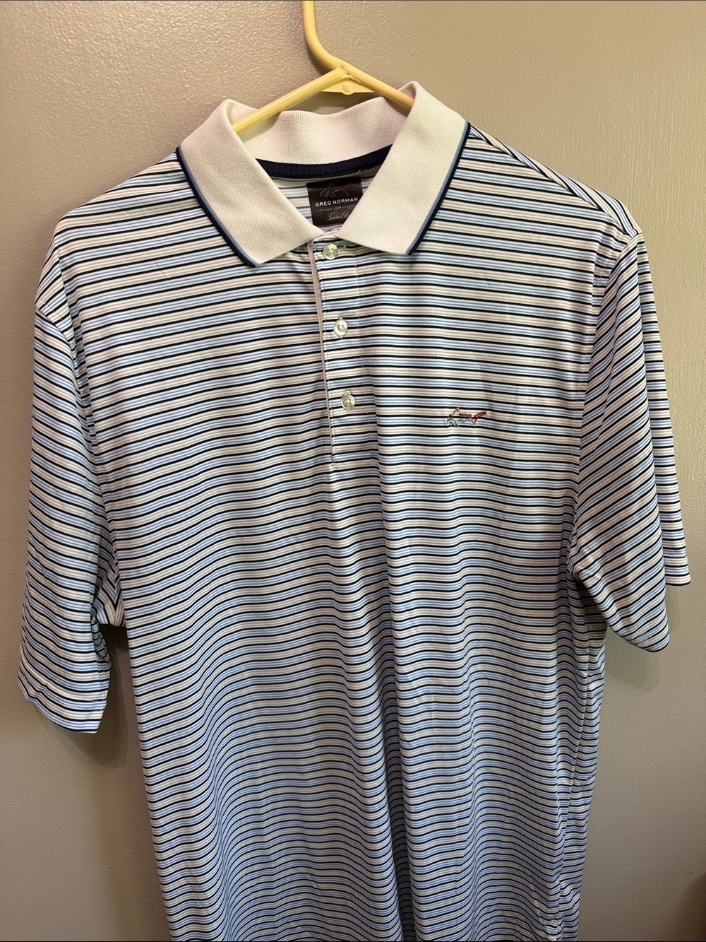 Greg Norman Collection Men's White Polo with Blue & Black Stripes